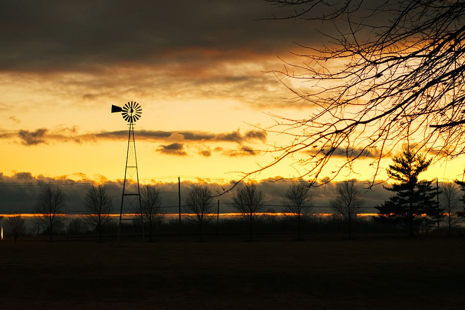 sunset, new jersey, windmill, trees, sky, tree line, skyline, HD wallpaper