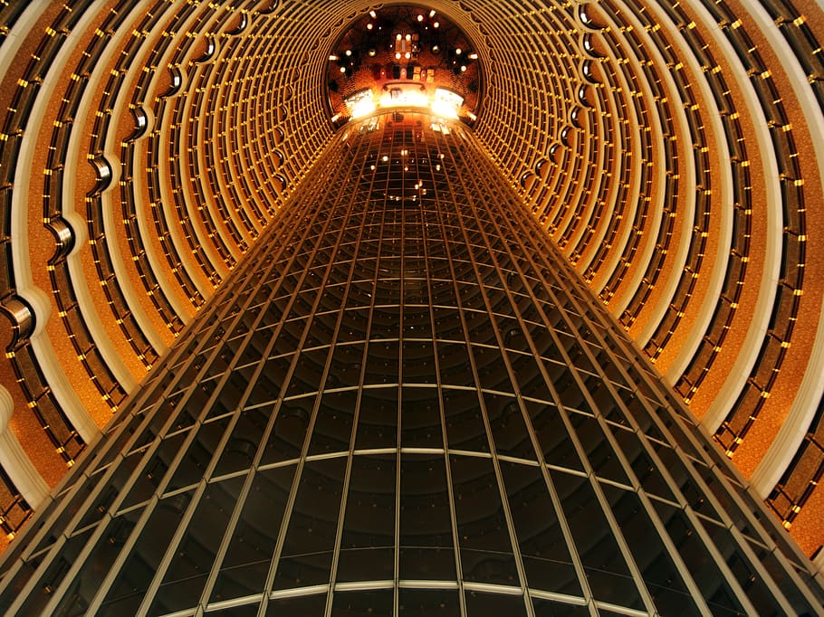 building, hotel, spiral, structure, architecture, low angle view HD wallpaper