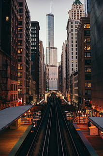 street at night, track, building, train track, evening, light HD wallpaper