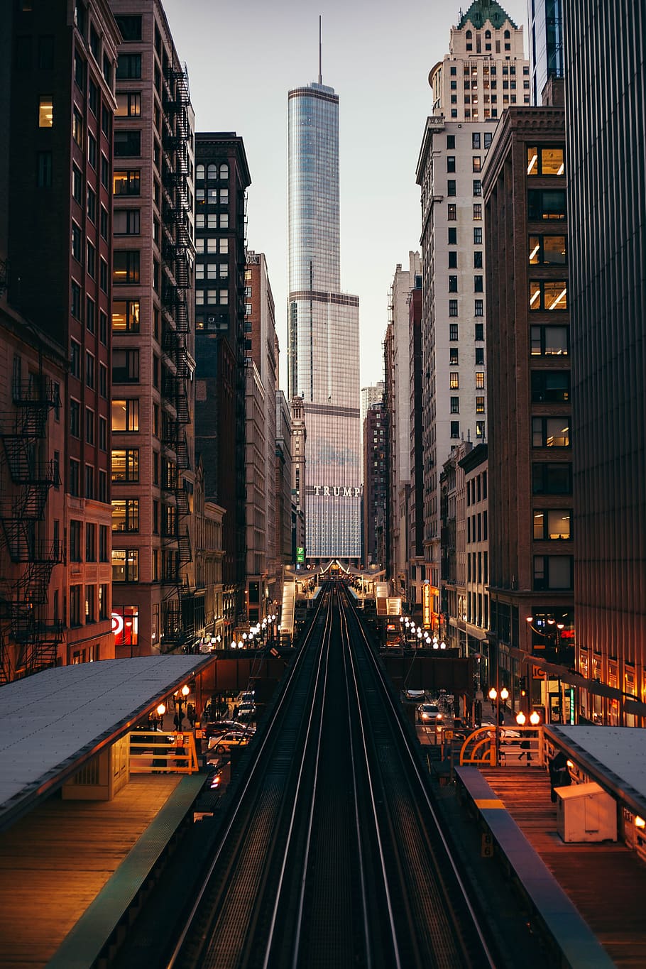street at night, track, building, train track, evening, light HD wallpaper