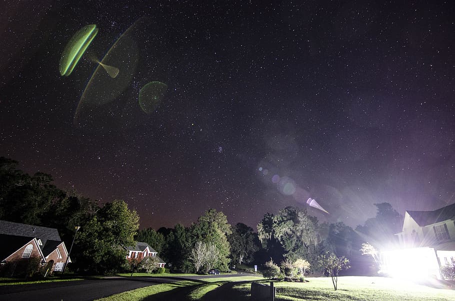lighted house at night, outdoors, nature, flare, space, outer space HD wallpaper