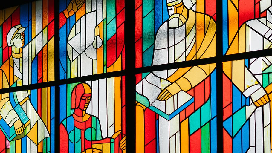 man reading stain glass window, multi colored, full frame, stained glass HD wallpaper
