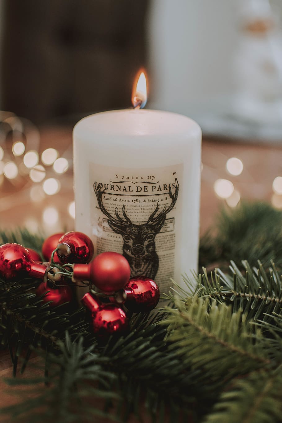 Litted White Pillar Candle Selective-focus Photography, ball HD wallpaper