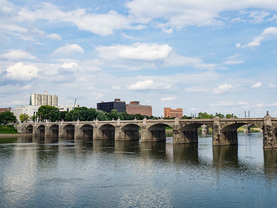 Bridge Over Water in City, Architecture, Buildings, Clouds, Nature HD wallpaper