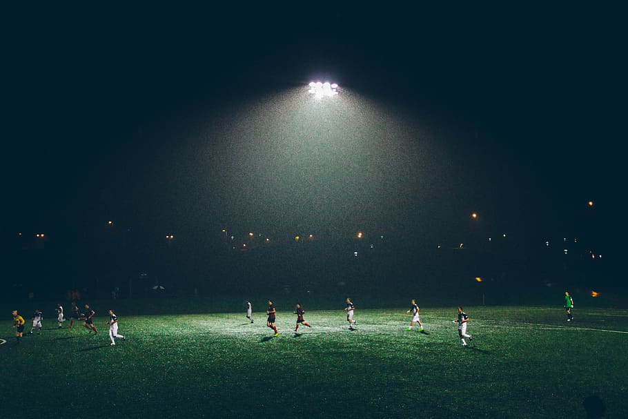 soccer, game, match, night, floodlight, lamp, football, team, HD wallpaper