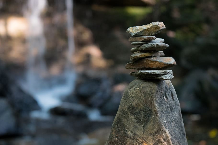 rocks, stones, waterfall, cairn, hiking, forest, outdoors, focus on foreground, HD wallpaper