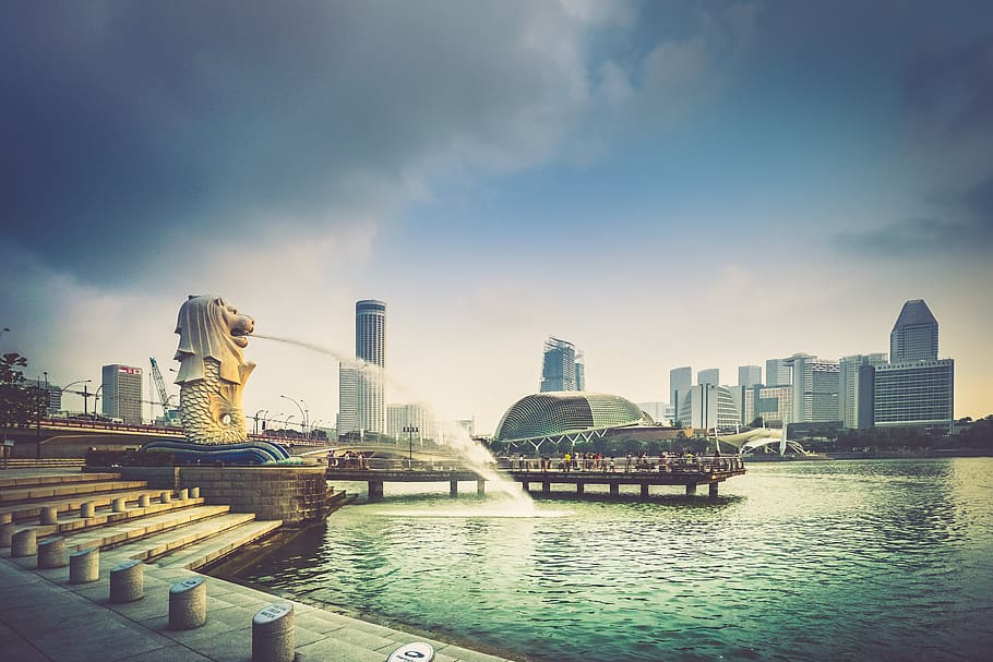 marina bay, singapore, merlion, built structure, architecture, HD wallpaper