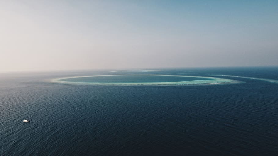 water, ocean, sea, blue, ship, boat, island, aerial, nature HD wallpaper