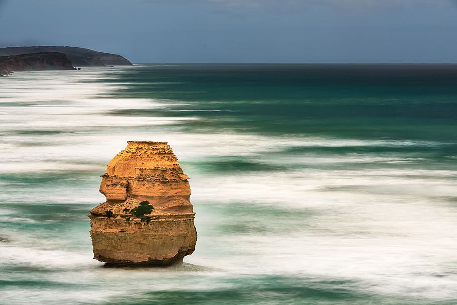 rock, lonely, water, cliff, sand, sea, waves, beach, land, rock - object HD wallpaper