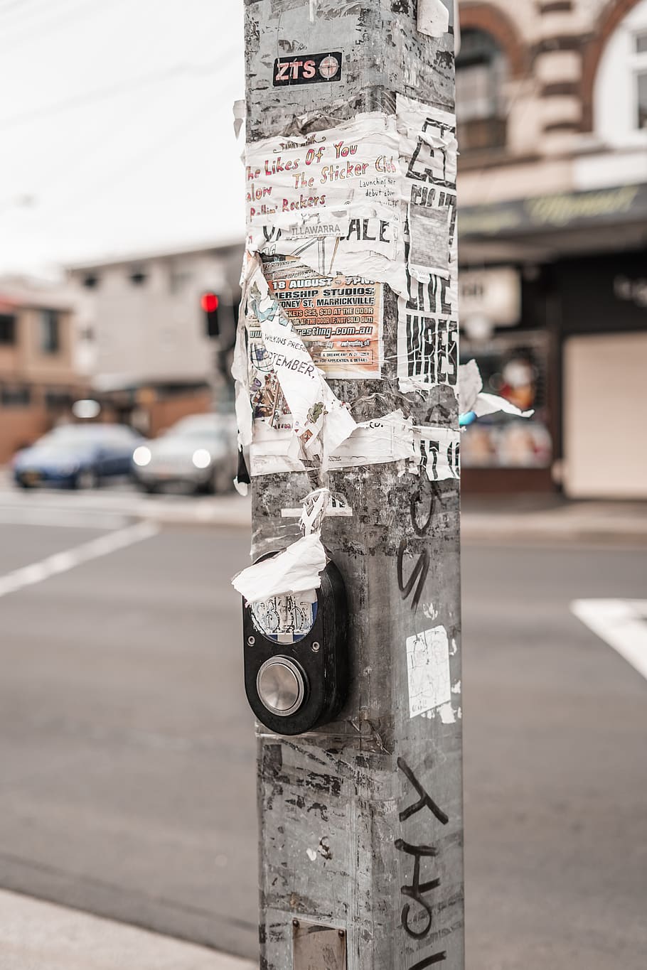 gray concrete post beside road, focus on foreground, city, communication HD wallpaper