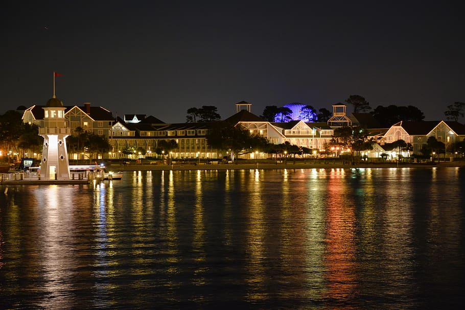 night, lights, water, architecture, disney, illuminated, building exterior HD wallpaper