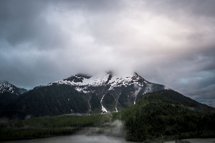 snow-capped mountain under gray sky, cloud - sky, beauty in nature HD wallpaper
