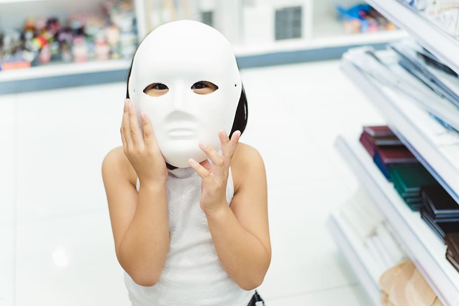 girl wearing white full-face mask, child, play, fun, halloween HD wallpaper