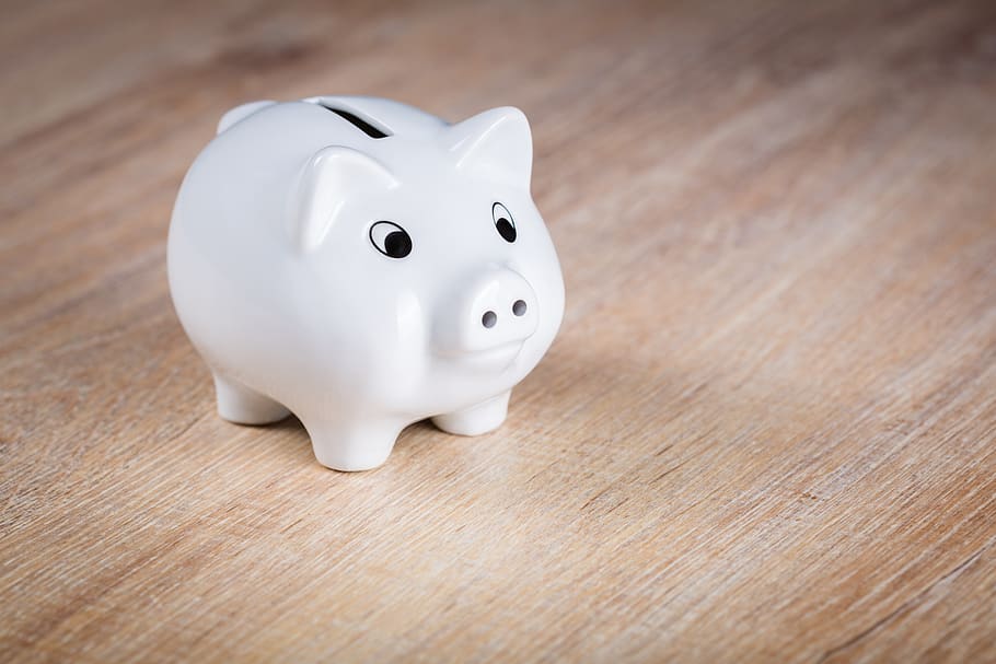 White Piggy Bank on Brown Wooden Surface, blur, ceramic, close-up HD wallpaper