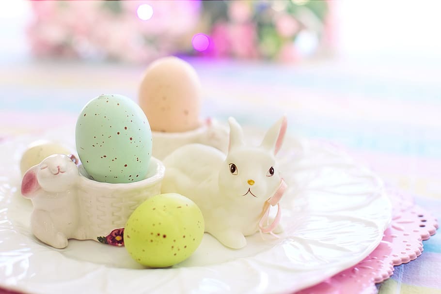easter, eggs, bunny, pastels, spring, colorful, basket, food, HD wallpaper