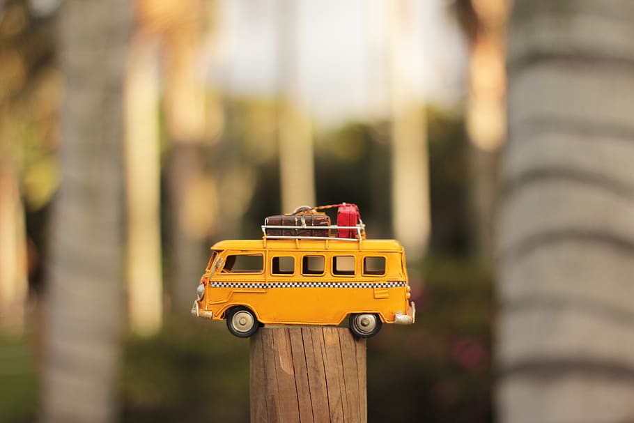 Yellow Van Die-cast Model, camper, campervan, car, macro, miniature, HD wallpaper