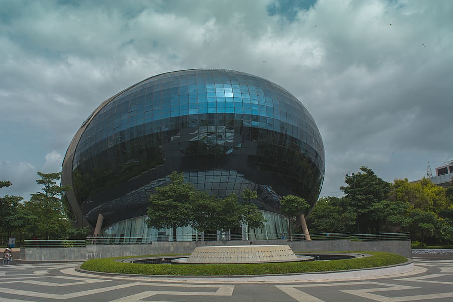 Blue Glass Building Near Green Trees, architectural design, architecture HD wallpaper