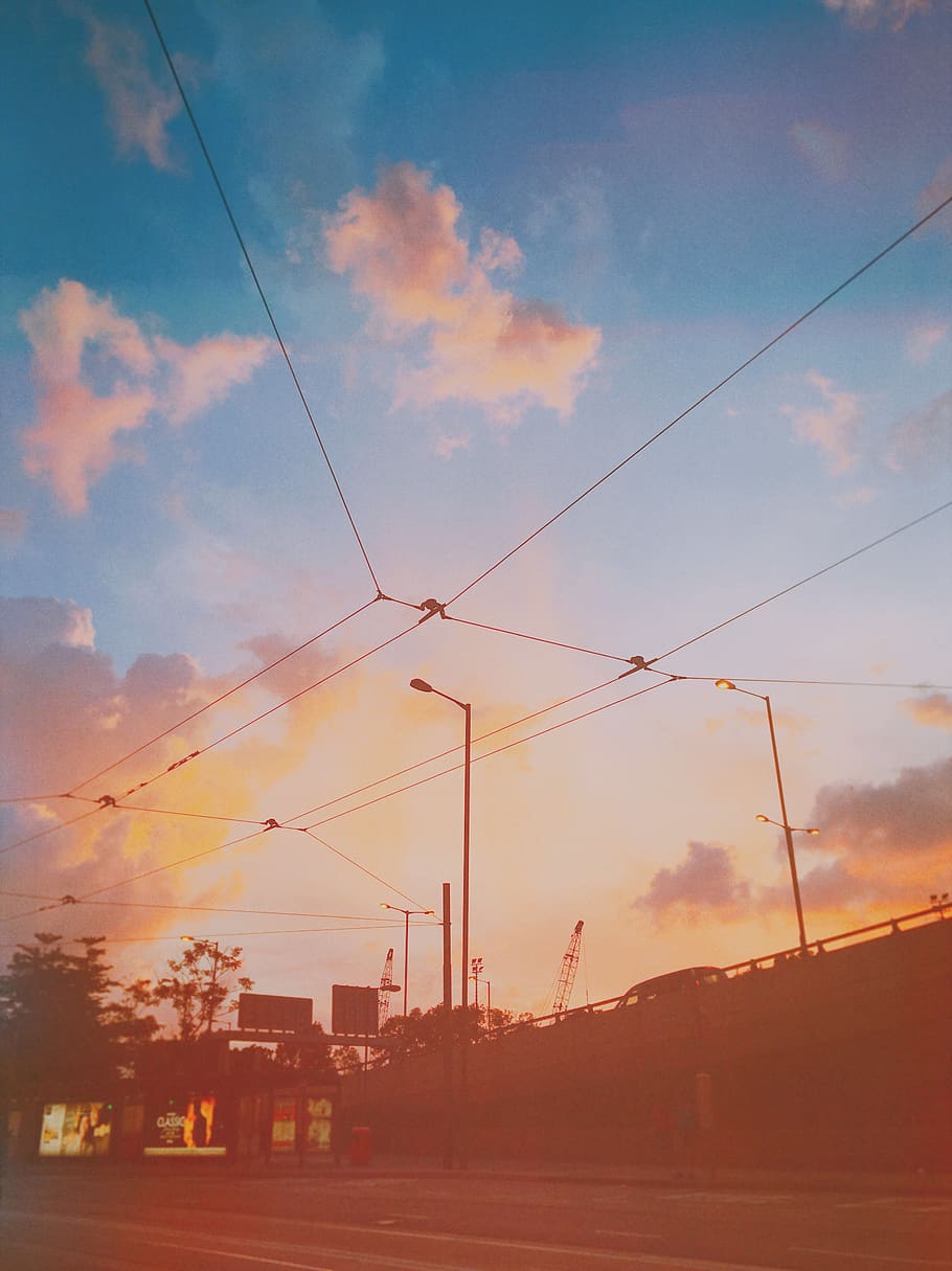 sunset, street, sky, cloud - sky, electricity, cable, power line HD wallpaper