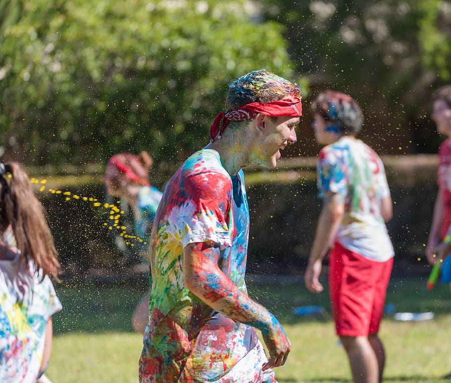 paint, splatter, people, fun, colour, droplets, group of people HD wallpaper