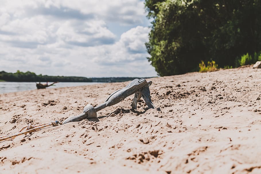 Gray Sand Anchor Near Seashore, beach, clouds, daylight, environment HD wallpaper