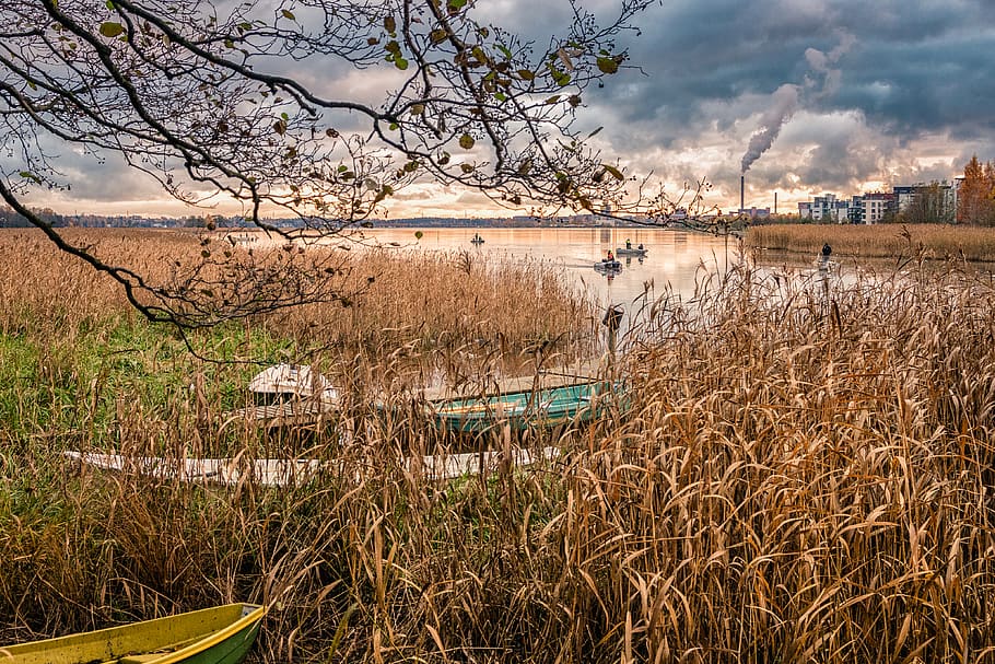 finland, helsinki, fall, sunset, boats, clouds, landscape, nature HD wallpaper