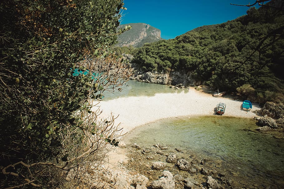 greece, corfu, beach, alone, corfou, secret, boat, water, tree HD wallpaper