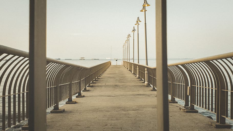 empty gray railings dock, architecture, built structure, no people HD wallpaper