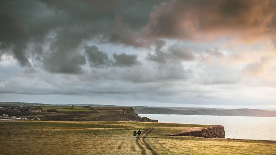 Couple Walking on Field, beach, clouds, dawn, daylight, grass HD wallpaper