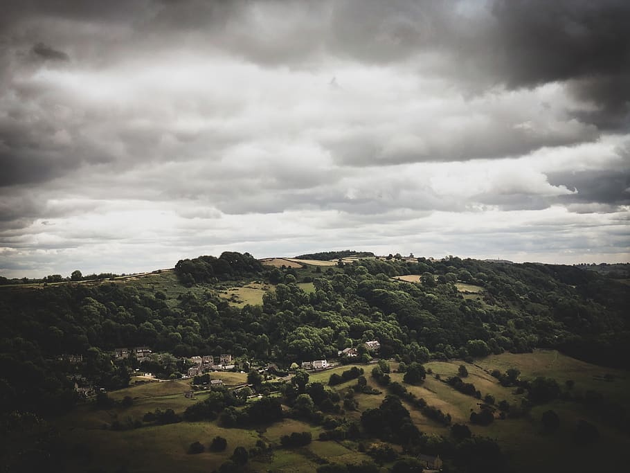 Bird's Eye View Of Mountain Under Cloudy Sky, clouds, cropland HD wallpaper