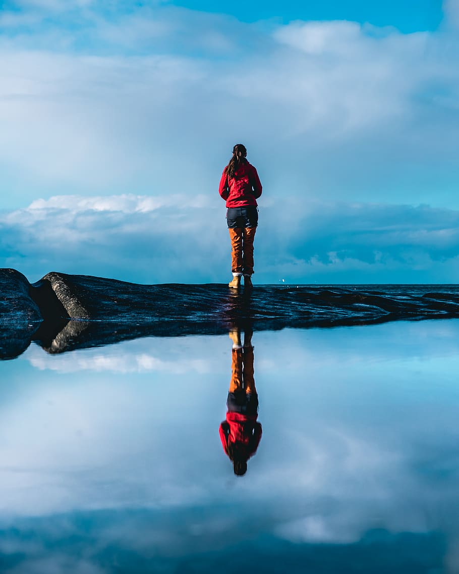 Woman Standing on Rock Near Body of Water, landscape, nature HD wallpaper