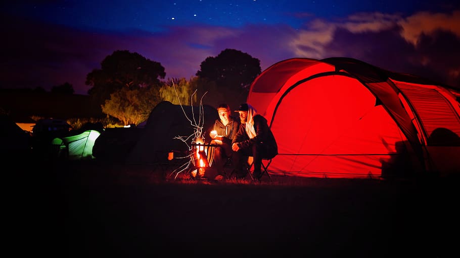 Man and Woman Sitting Beside Bonfire during Nigh Time, adventure HD wallpaper