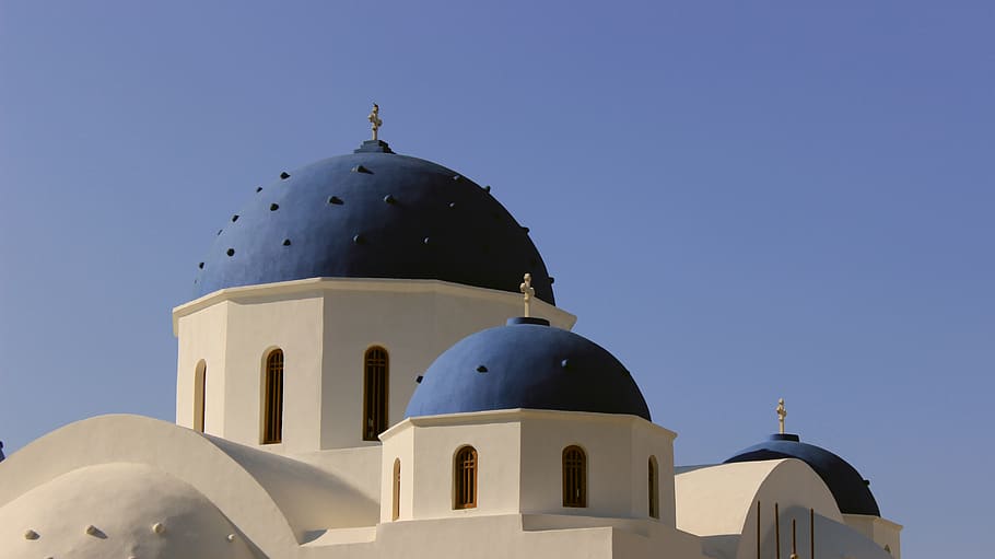 greece, thira, dome, religion, sky, colin, blue, cross, beach HD wallpaper