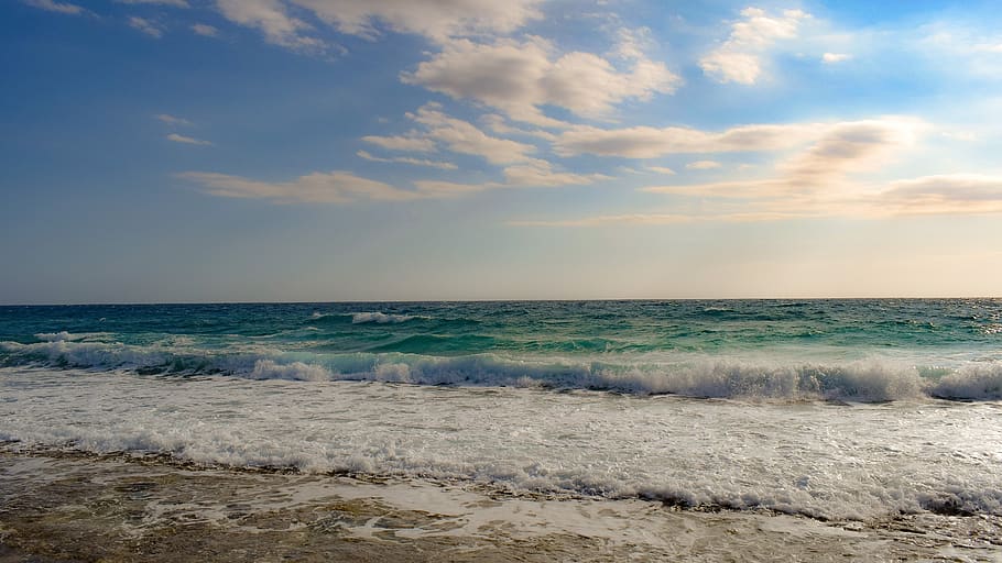 sky, clouds, nature, sea, landscape, horizon, waves, sunlight HD wallpaper
