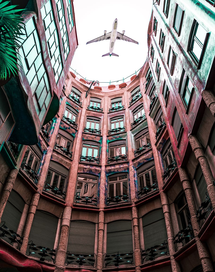 low angle photo of airplane on sky, building, architecture, window HD wallpaper
