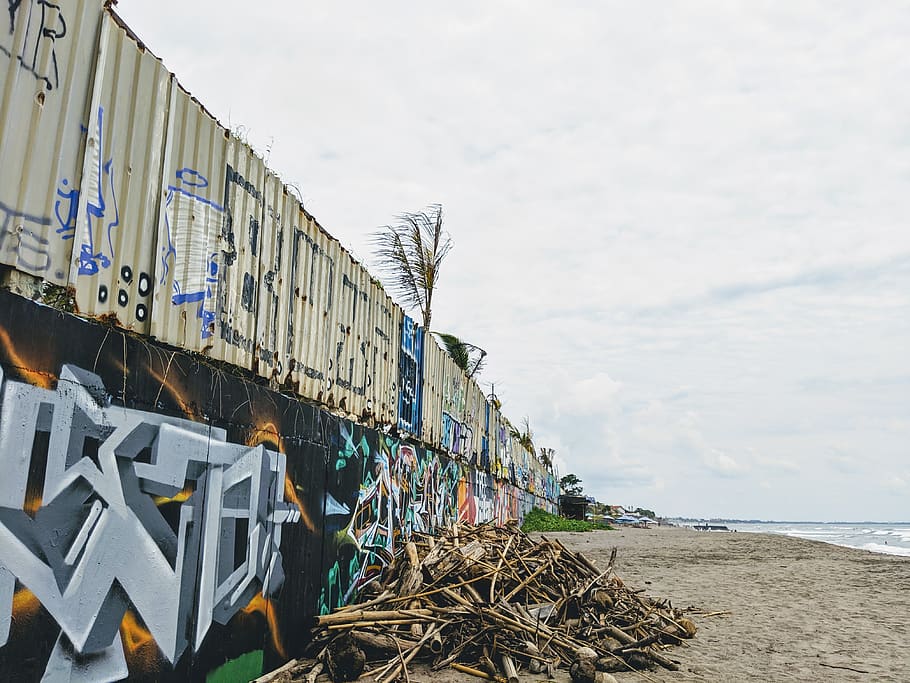 white and multicolored cargo container, sky, water, nature, cloud - sky HD wallpaper