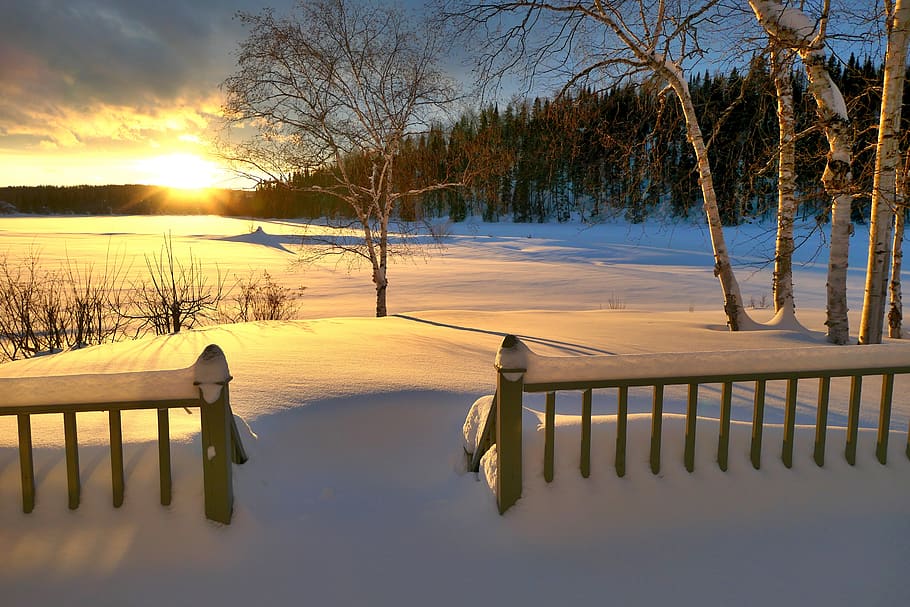 sunset, landscape, winter, twilight, nature, calm, sky, snow HD wallpaper