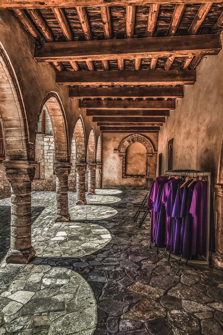 monastery, arcade, stoa, architecture, church, stone, columns HD wallpaper