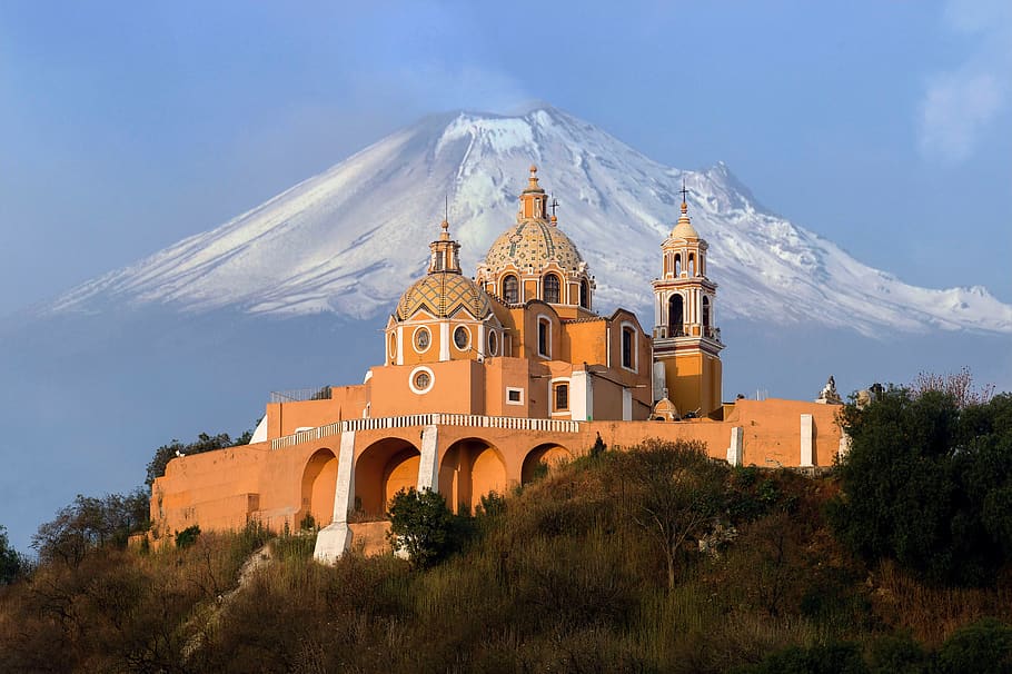 volcano, mountain, snow, winter, building, structure church HD wallpaper