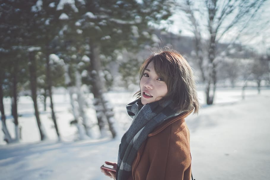 Photography of a Woman Wearing Gray Scarf, beautiful, blur, close-up HD wallpaper