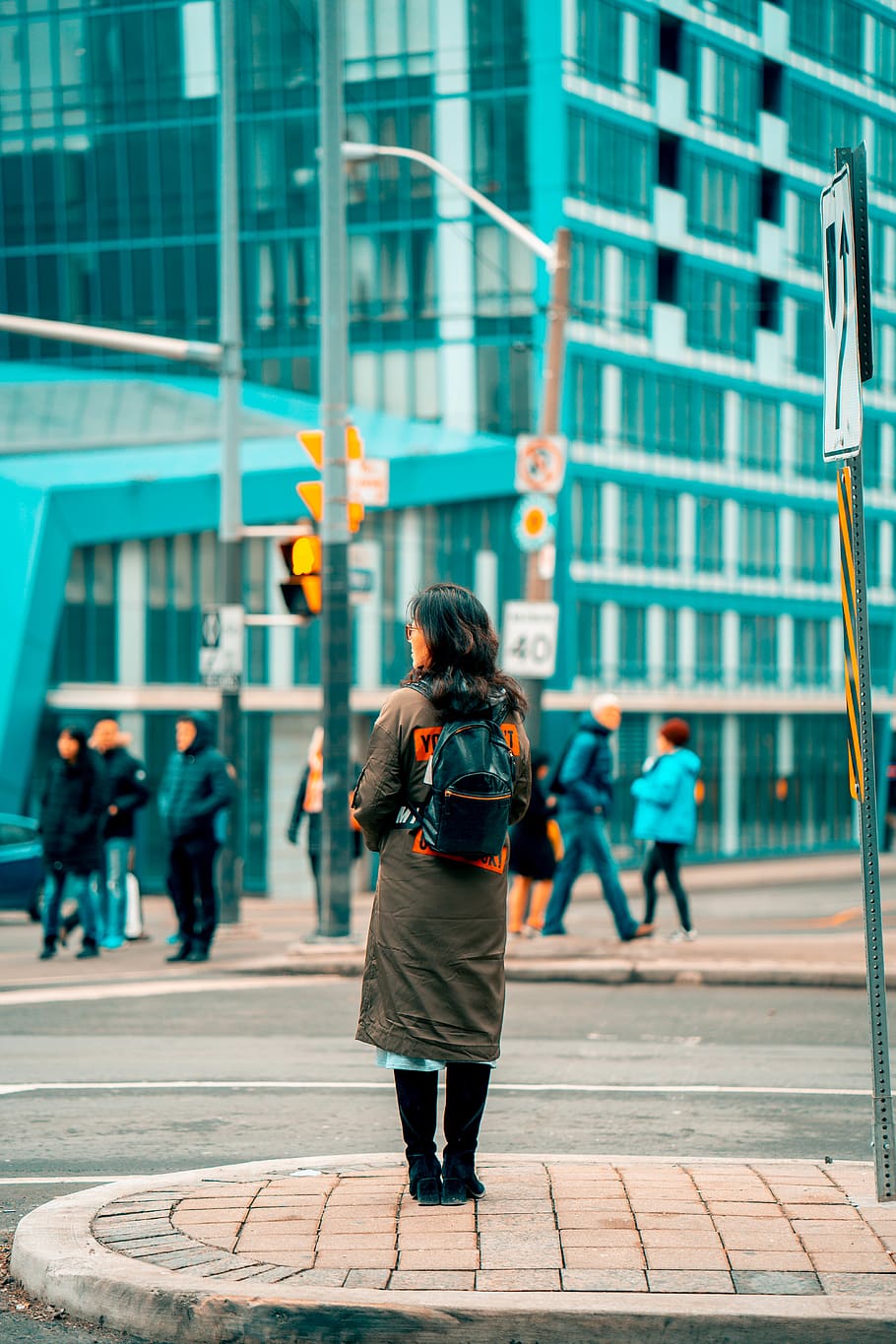 Woman Standing on Side Walk, adult, architecture, back view, backpack HD wallpaper