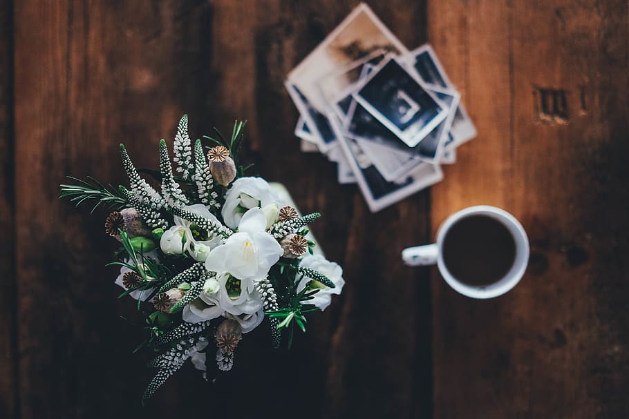 white ceramic mug, table, cup, coffee, coffee cup, plant, coffee - drink HD wallpaper