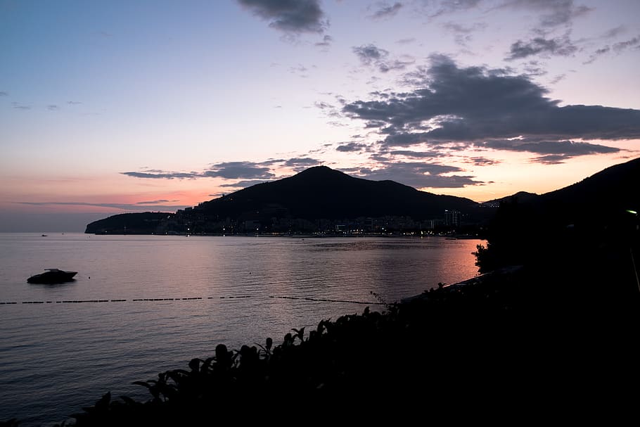montenegro, budva, mountain, purple, bay, sunset, sky, contrast, HD wallpaper