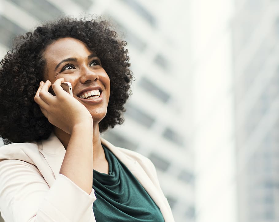 Woman Taking Phone Call, adult, afro, blazer, busy, casual, cell
