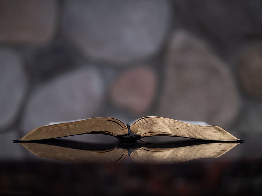 open book on glass table, bible, binding, pages, scripture, reflection
