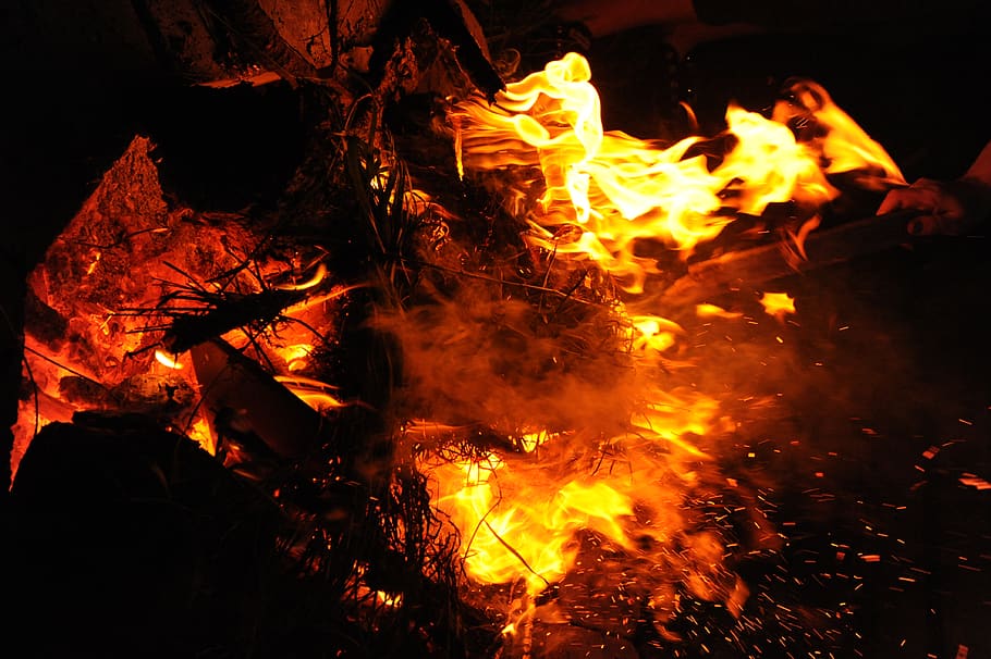 fire, flame, bonfire, human, person, night, stick, wood, combustion HD wallpaper