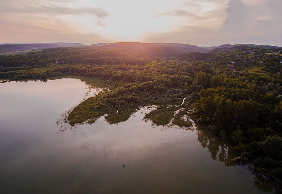 sunset, drone, hungary, lake, spring, sky, forest, unsplash HD wallpaper