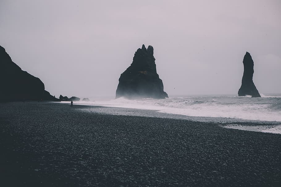 rock, formation, coast, wave, sea, sand, ocean, beach, clouds HD wallpaper