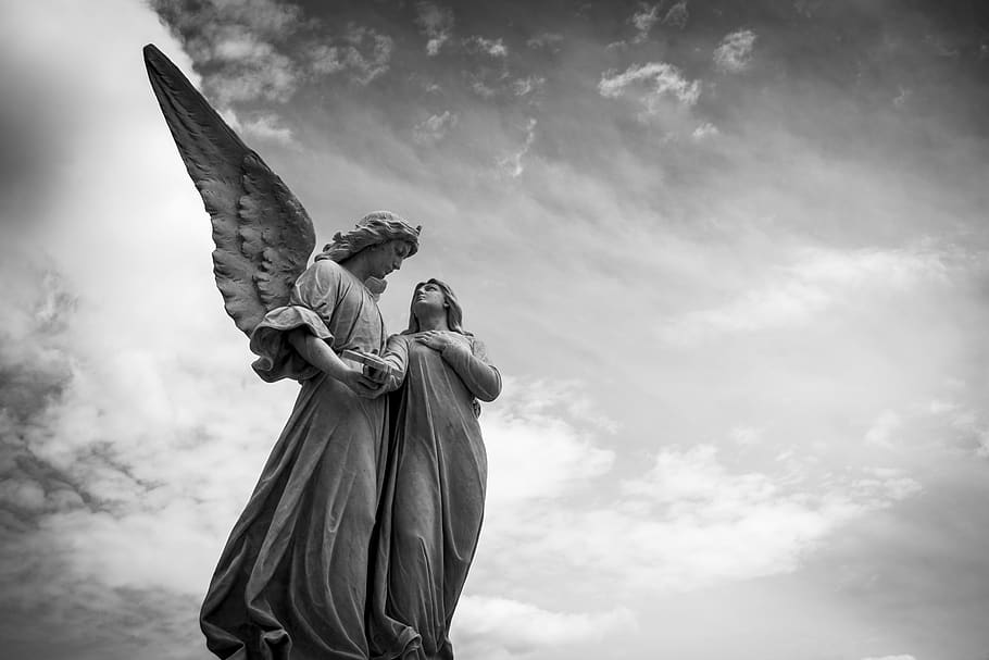 Grayscale Photography of Angel Statue Under Cloudy Skies, art