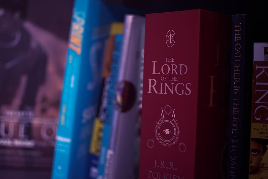 lord of the rings, bookshelf, red book, literature, jrr tolkien, HD wallpaper