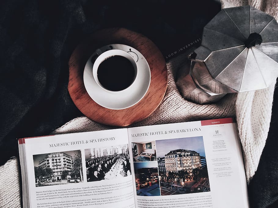 fully filled mug, coffee, cup, saucer, book, stovetop espresso HD wallpaper